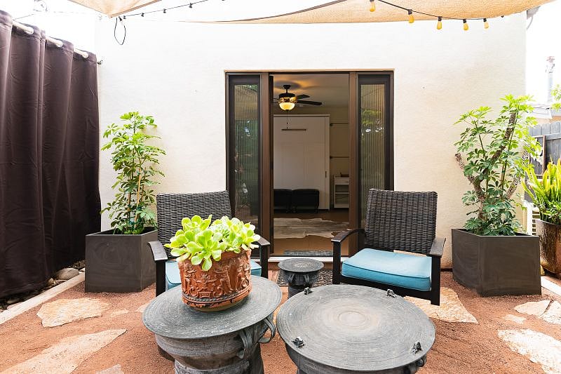 Comfy seating and tables. Propane table top heater is available to use.