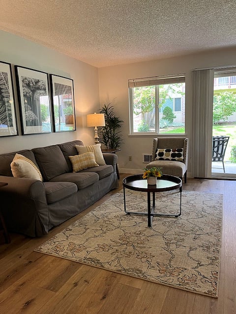 Cozy living area with patio and grassy area just beyond glass doors