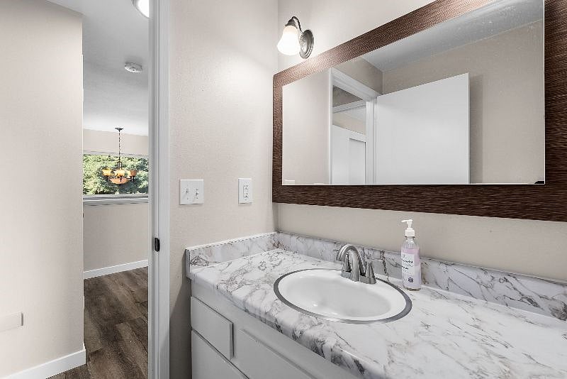 Bathroom vanity with fresh lighting. 
