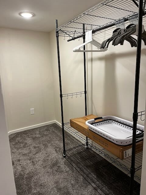 The walk in closet has 2 hanging wardrobes