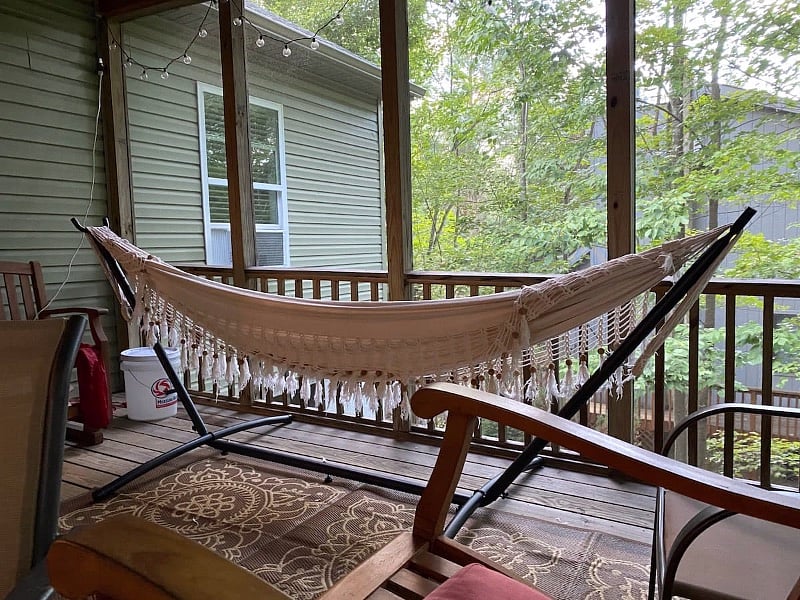 Come exhale by the fire in our screened-in porch (with a glass of wine, cup of hot chocolate, making s'mores, or napping in the hammock), surrounded only by the sights and sounds of nature.