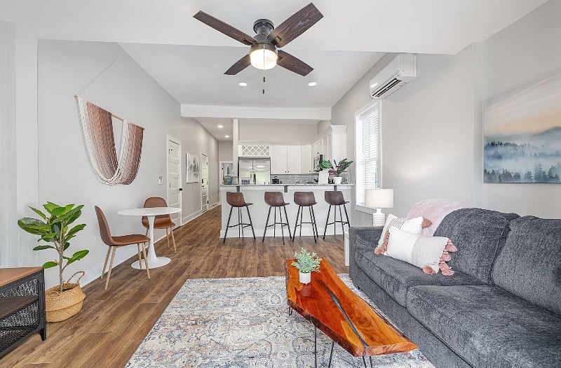 Spacious and open living, dining and kitchen areas.