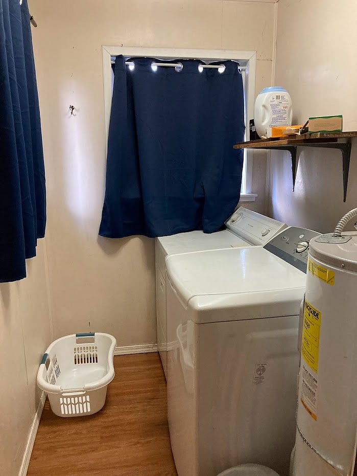 This washer and dryer are on the other side of the wall in the downstairs bathroom - the laundry room has it's own door which minimizes noise that may come from the machines :-)