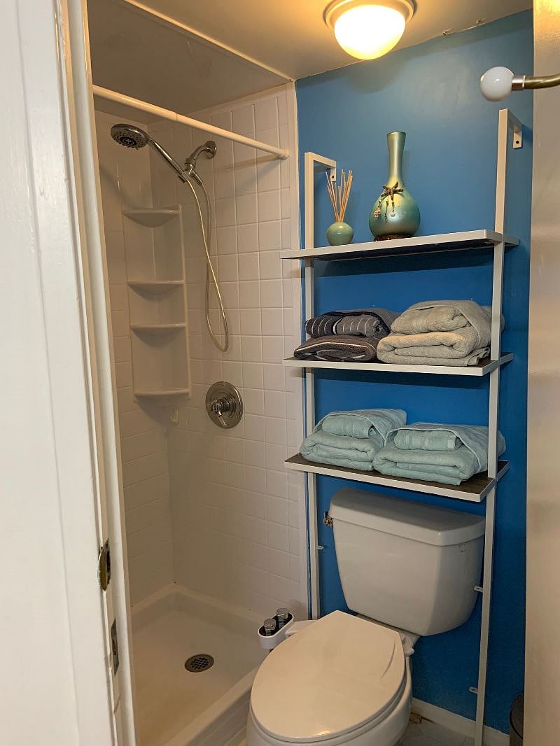 Small walk-in shower, no tub.