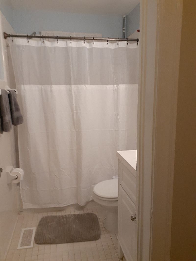 Shared. Full bathroom. Tub shower combo. Shared. There is 1 drawer and a huge shelf in the closet for your personal belongings. Towels are provided.