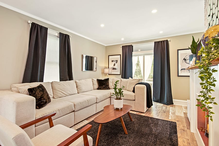 Just 5 minutes from Scott's Addition, guests love the peaceful living room atmosphere and super comfortable couch.