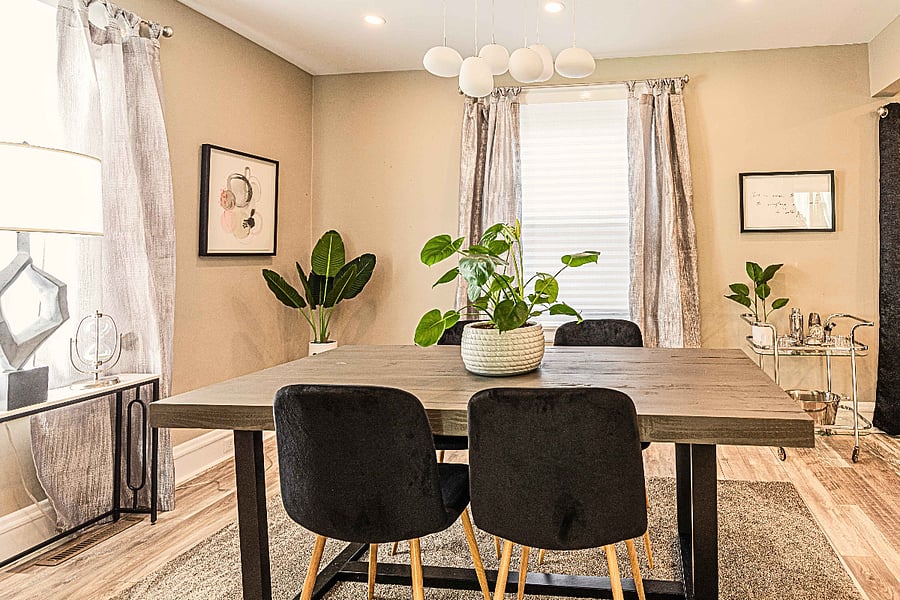 Whether cooking in the fully-stocked kitchen or grabbing takeout, this dining space brings everyone together.