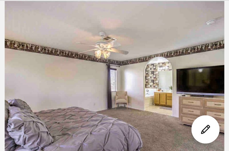 Master bedroom; king bed, plenty of pillows and bedding, 65 inch TV with firestick. Walk in closet with lots of built in shelves etc.