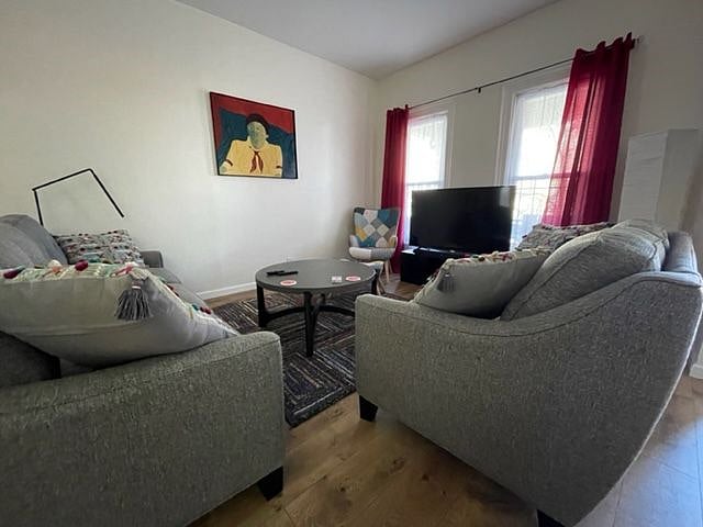 living area with 55" Roku TV