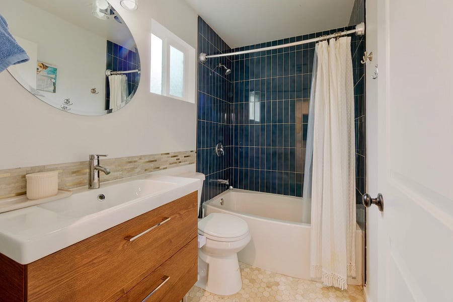 Toilet with bidet and an oversized soaking bathtub.