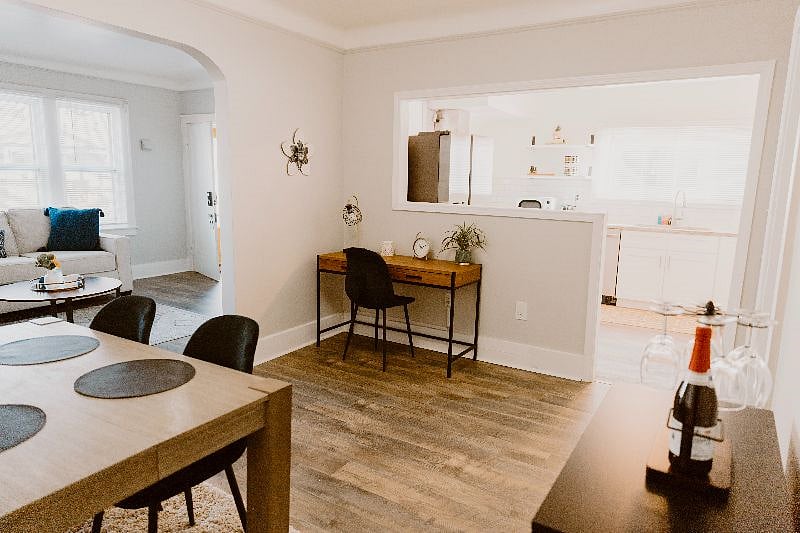 Living room easily flows into dining and kitchen 