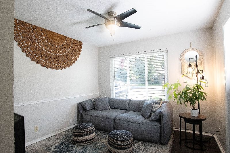 The Jungle Room is special! It has an additional space with a couch and TV - bathroom is across the hall. 