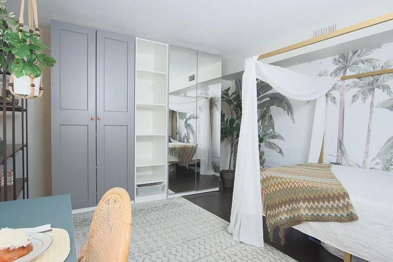 Jungle Room with HUGE closet, desk, couch and TV