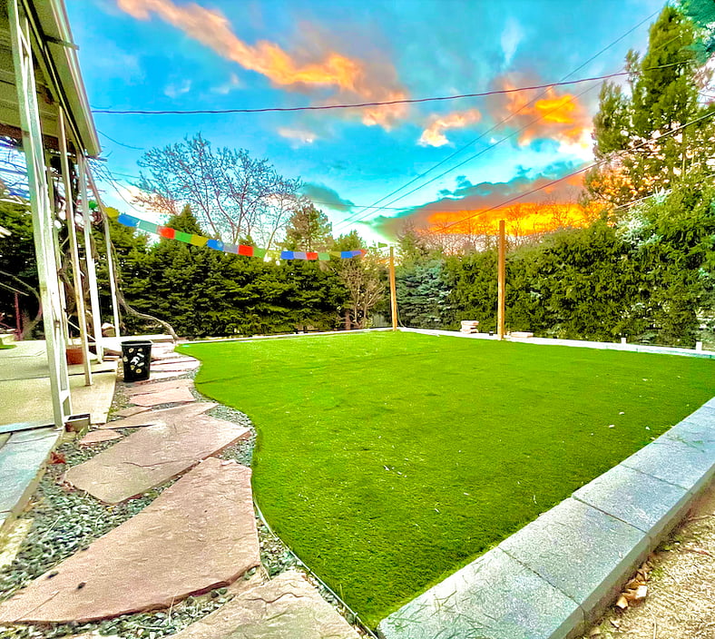 Shared Backyard Retreat: A peaceful, oasis-like space lined with massive mature spruce trees for excellent privacy. Enjoy a lush lawn with 600 sq. ft. of clean artificial grass, an elegant retaining wall, mature grapevines, an apple tree, and an expansive, fenced gardening space.
