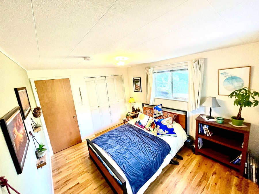 Master bedroom with a queen bed, great south and west facing windows to bring in natural light.