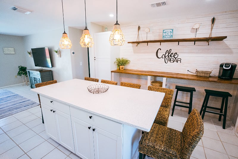 Custom made distress wall with coffee bar.