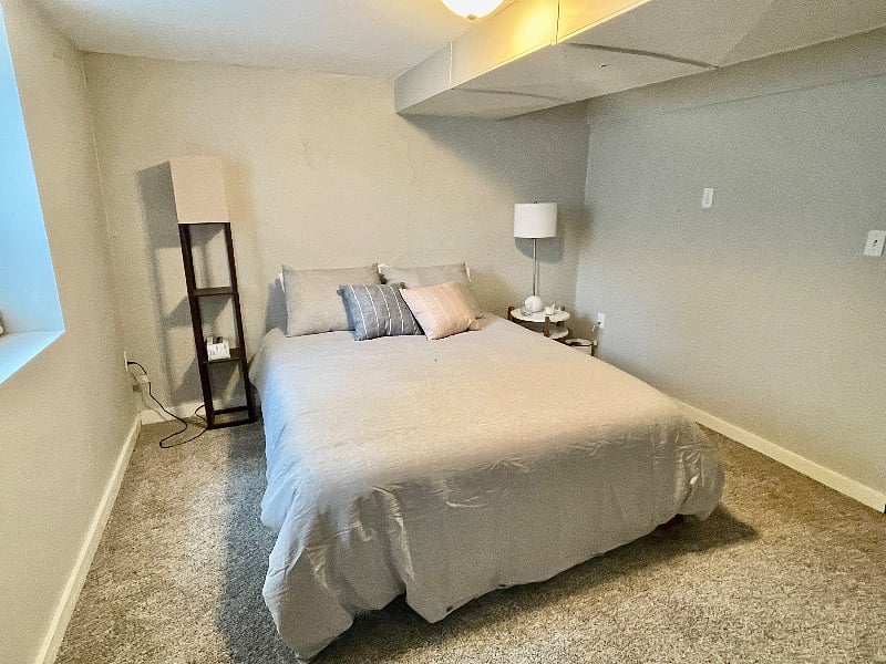 Basement bedroom with queen-sized bed