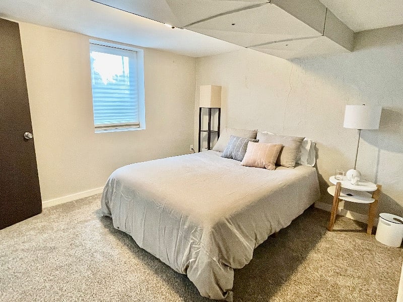 Basement bedroom with queen-sized bed
