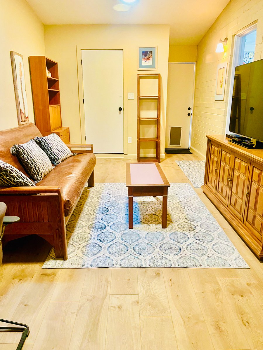 Bonus room - functions as a private second living room/TV Room/workspace with a futon/bed, small skylight, north-facing window, 50TV, private entrance and doggy door in the door leading to the backyard. 