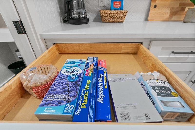 A thoughtfully provided starter supply of kitchen essentialsincluding coffee filters, zip-top bags, and foilis available for your convenience.