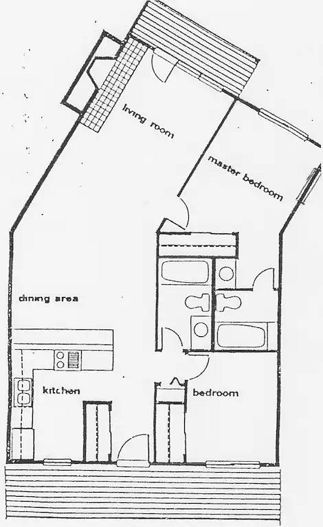 Floor plan: top of this schematic is the full glass living room window view. Bottom is the entrance from parking lot.