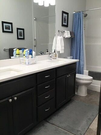 Bathroom has two sinks and a shower and tub.
