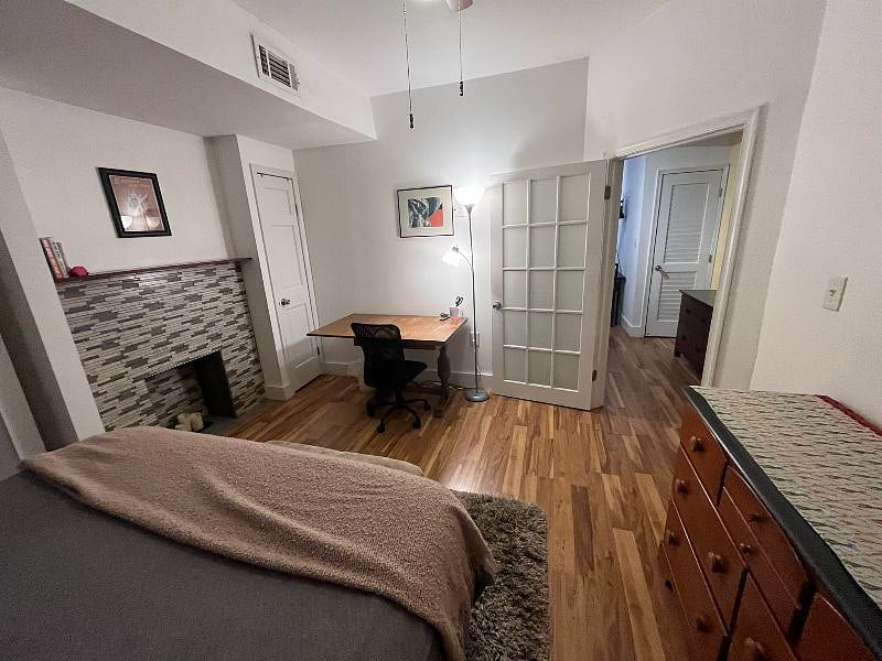 Decorative fireplace and workspace.