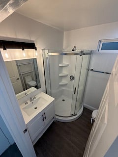new bathroom. vanity with a good deal of storage space. sparkling shower and new toilet and storage shelf.