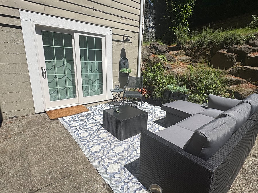patio view - looking at sliding French-style doors into main living room.