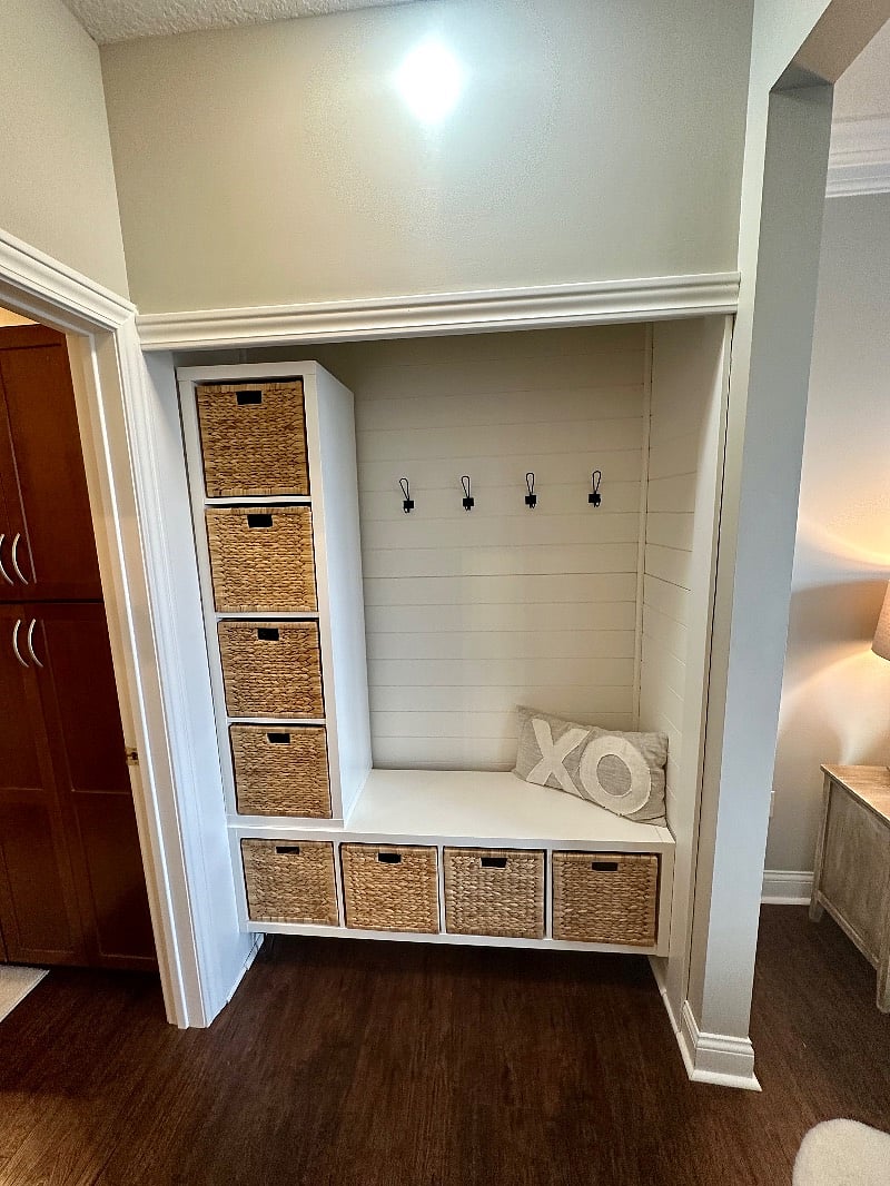 Storage between master bed and bath.