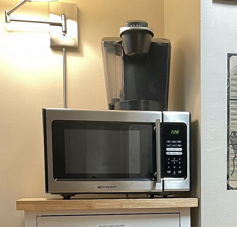 Microwave and Keurig coffee maker.