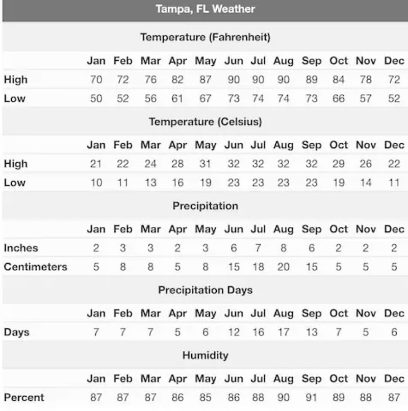 Tampa Florida's average weather conditions.