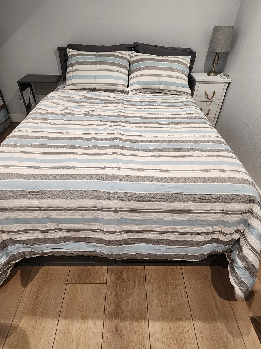 Bed has pull-out drawers for storage. End tables have outlets, plugs for charging and moveable for your convenience.