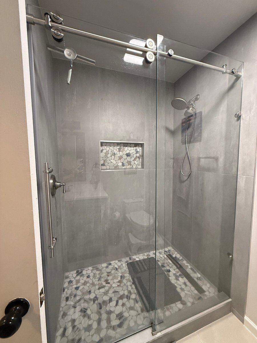 Newly remodeled bathroom with a walk in shower
