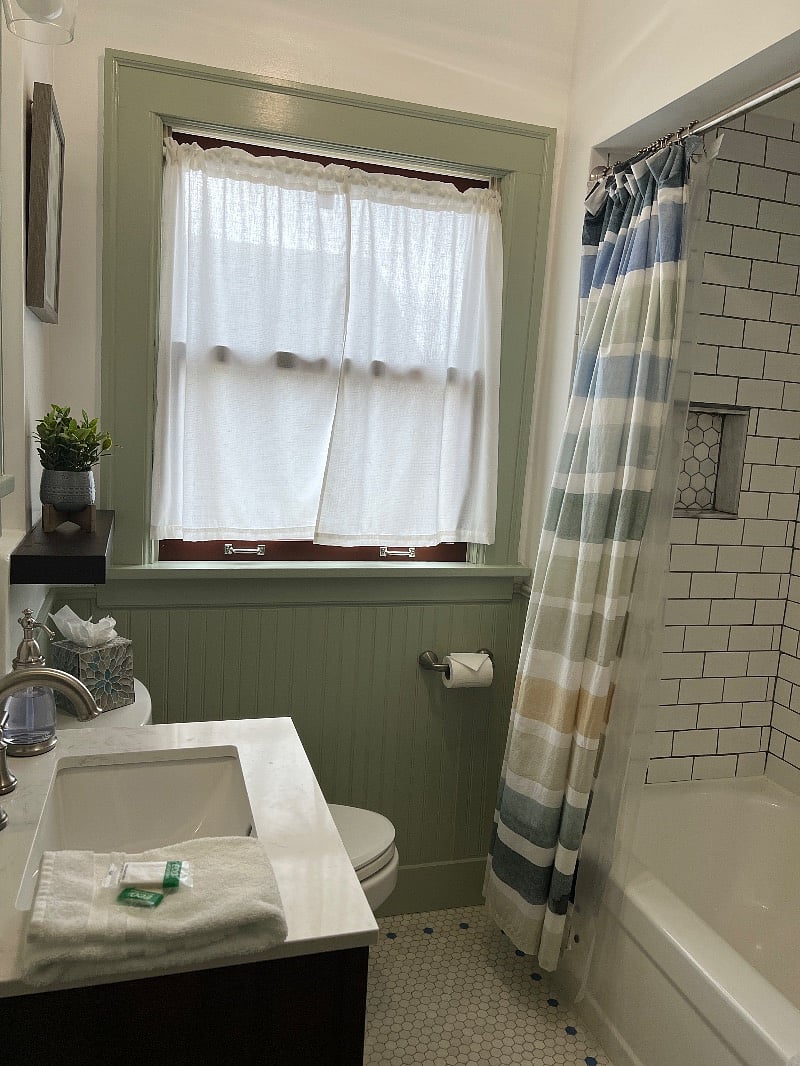 The bathroom has been recently renovated while respecting the house's original charm. We have great water pressure and a tankless gas water heater - you will not have to worry about running out of hot water!