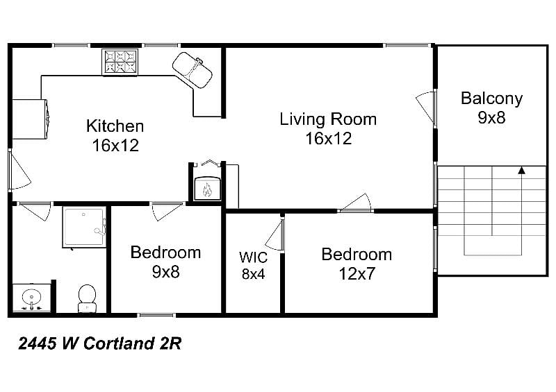 Unit floor plan. Main entrance is from the rear balcony. Emergency 2nd exit is through kitchen for side door exit.