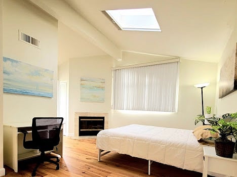 Main bedroom with fireplace, skylight, computer desk, private patio with ocean views.