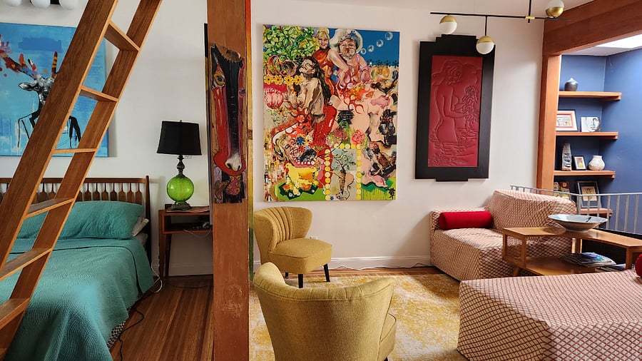 Living room seating area. Art filled house!