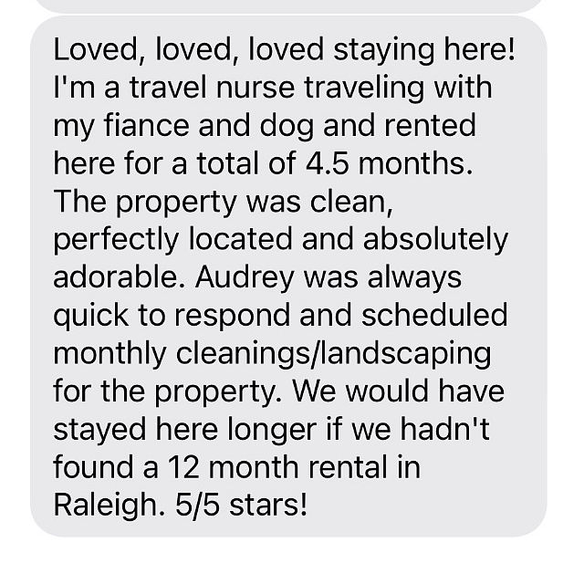 We have had an issue with reviews showing up on furnished finder, so here is what my current tenant said about the home! 