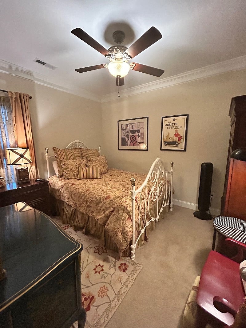 Bedroom with queen-size bed, armoire with mirrored doors, two drawer chest, nightstand with two drawers, roomy closet, room-darkening curtains, ceiling fan (portable fan, and or heater available upon request). Bed linen provided.