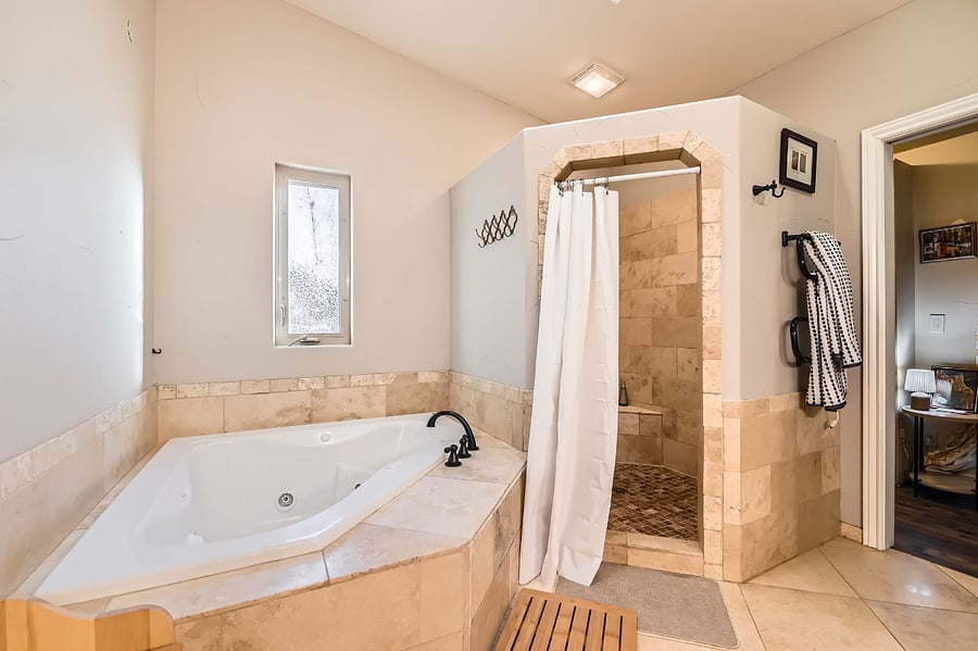 The private, ensuite bathroom includes a huge, jetted jacuzzi bathtub and a two-person shower. Natural light from windows and skylights abound.