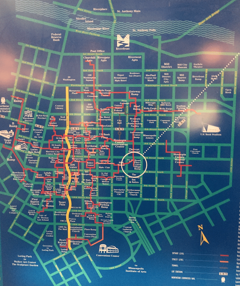 Map of Minneapolis Downtown Skyway system. Red lines are the Skyway connecting various building. White circle is the condo building