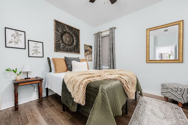 Bedroom 3 with a Queen, Closet with Hangers, Baskets, Hooks, Bench to sit or where a child could sleep