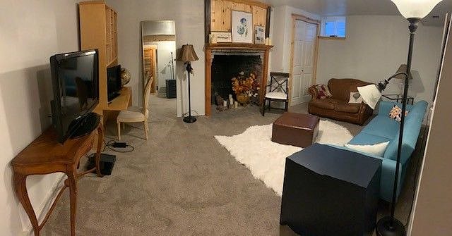 Large living room with new couch that is also a bed, desk, TV and a fire place.