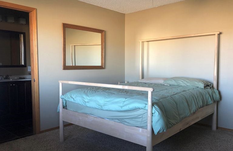 Master bedroom with queen sized bed, night stand, and desk. With attached bathroom and walk in closet.