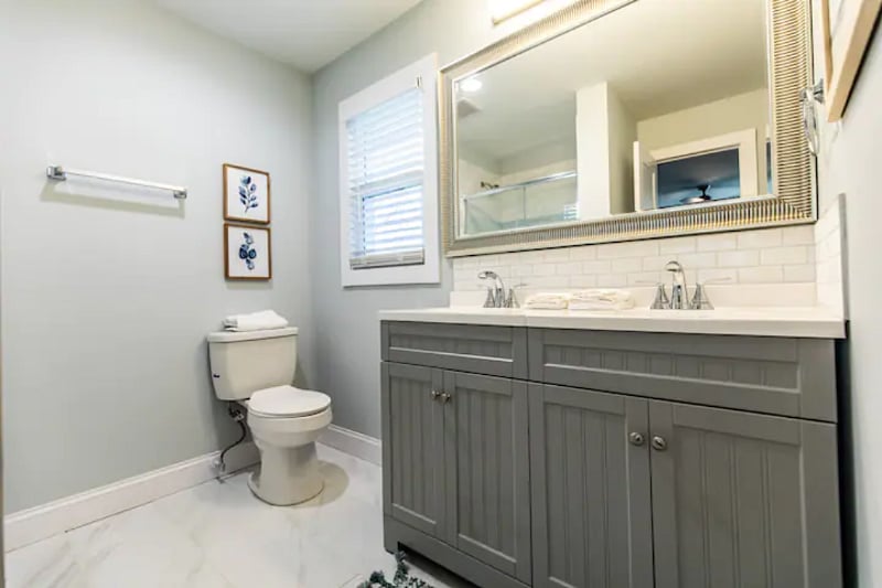 Master bathroom has a double vanity