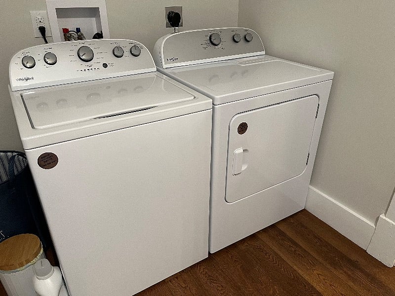 Full size washer and dryer in large mudroom (not shown is storage shelf)
