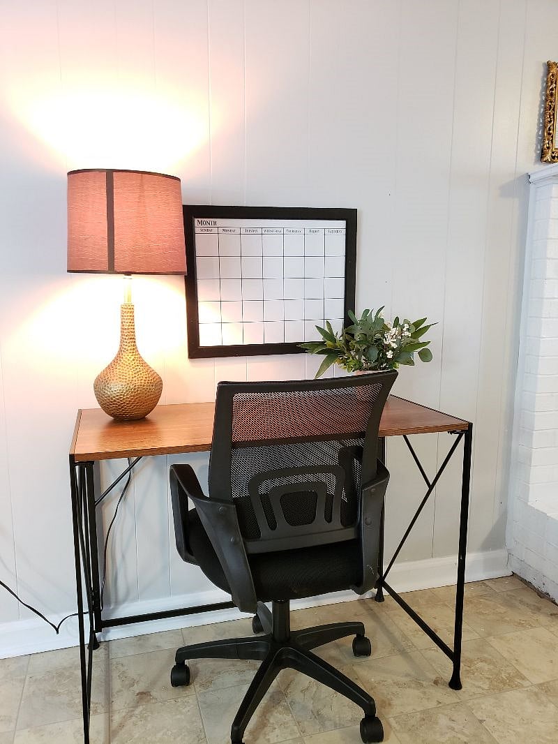 Desk and lamp.