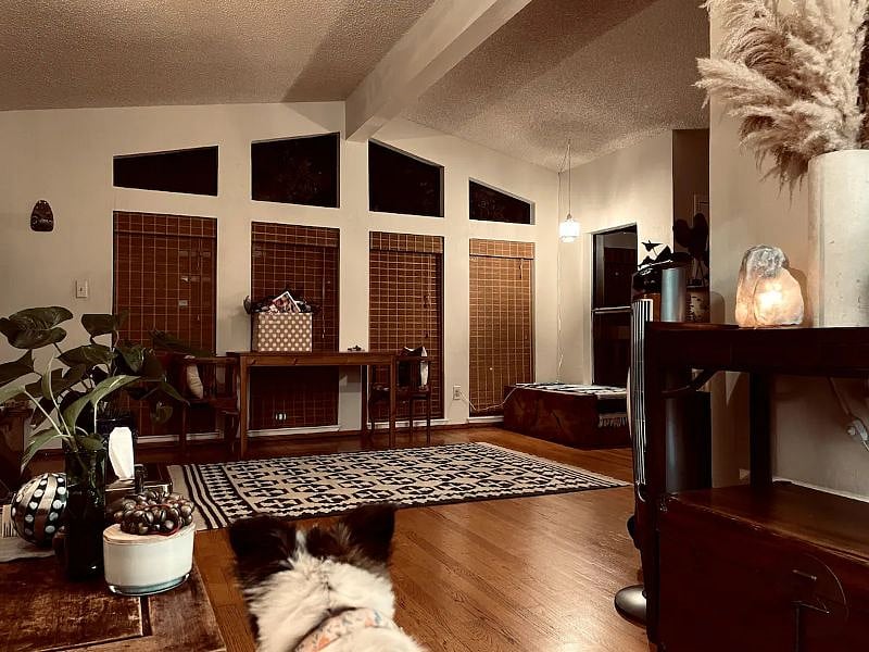 View of living room from dining room. Windows and skylights face the front garden. We updated the living room recently - new photos coming soon. Added some heirloom pieces and fine tuned the layout to make lounging fabulous.