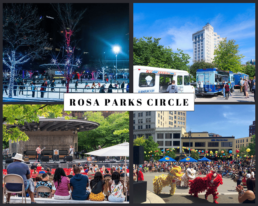 Rosa Park Circle Features Year-Round Events, Including Ice Skating in the Winter, Food Truck Thursdays, Outdoor Concerts & Swing Dancing, and Festivals!